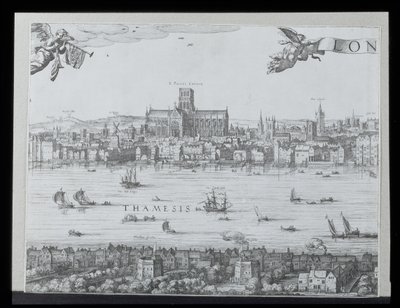 Panorama Londynu i Tamizy, część druga ukazująca katedrę św. Pawła i teatr Globe, ok. godz. 1600 (patrz również 64730-32) (szczegóły patrz 92085) autorstwa Nicolaes Jansz Visscher