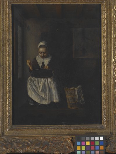 Dziewczyna szyjąca (olej na drewnie) autorstwa Nicolaes Maes