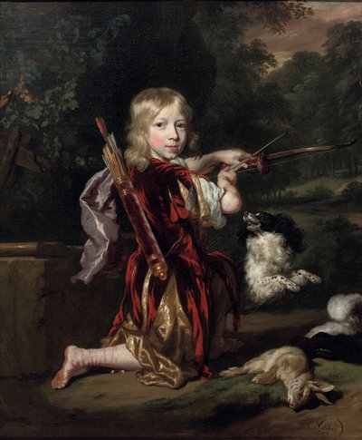 niderlandzki: Portret chłopca w klasycznym stroju, trzymającego kokardę. autorstwa Nicolaes Maes