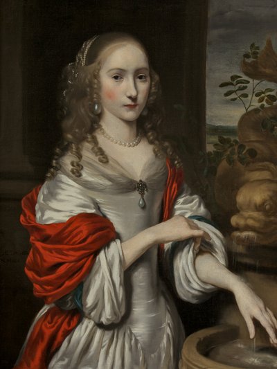 Portret młodej dziewczyny stojącej w pobliżu fontanny autorstwa Nicolaes Maes