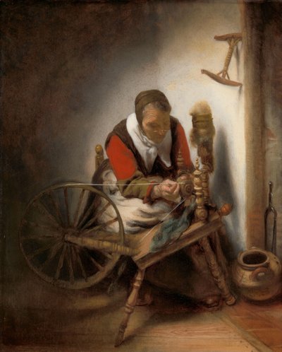 Prządka, kiepski kiciuś wiszący na ścianie autorstwa Nicolaes Maes