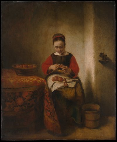 Młoda kobieta obierająca jabłka autorstwa Nicolaes Maes