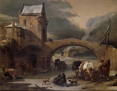 Zimowy krajobraz z chłopami i końmi na zamarzniętym kanale przy ufortyfikowanym moście, ok. 1660-70 (olej na panelu) autorstwa Nicolaes Pietersz. Berchem