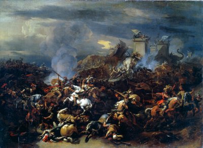 Bitwa między Aleksandrem a Porusem, 326 pne, od połowy do końca XVII wieku autorstwa Nicolaes Pietersz. Berchem