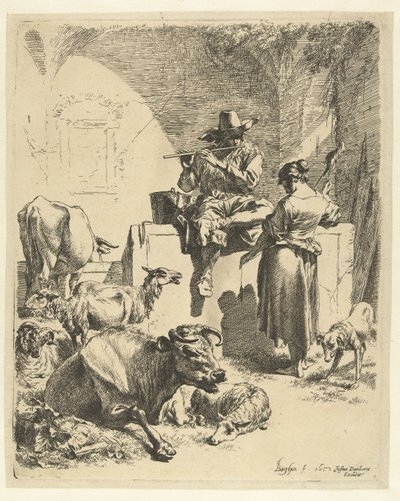 Pasterz grający na flecie i prządka autorstwa Nicolaes Pietersz Berchem