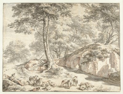 Pasterz z owcami w ruinie między drzewami autorstwa Nicolaes Pietersz Berchem