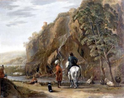 Włoski krajobraz z postaciami i koniem na drodze autorstwa Nicolaes Pietersz. Berchem