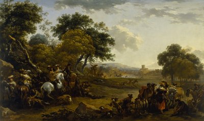 Krajobraz z myśliwymi autorstwa Nicolaes Pietersz. Berchem