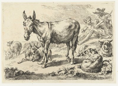 Krajobraz z osłem, owcami, kozami i pasterzami Zwierzęta (tytuł serii) autorstwa Nicolaes Pietersz Berchem