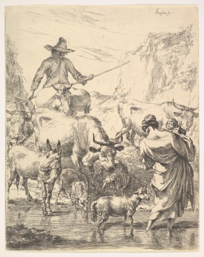 Stado przekraczające strumień. autorstwa Nicolaes Pietersz. Berchem