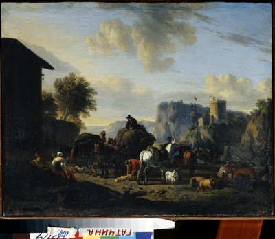 „Reszta konwoju” (Reszta konwoju) Grupa wędrownych pasterzy zatrzymujących się na drodze. Obraz Nicolaesa (Claesa) Pietersza Berchema Starszego (1620-1683) XVII-wieczny Państwowy Skansen Pałac Gatchina, Sankt Petersburg autorstwa Nicolaes Pietersz. Berchem