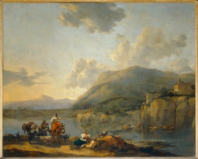 Poganiacz mułów w pobliżu brodu - Poganiacz mułów mija bród ... autorstwa Nicolaes Pietersz. Berchem