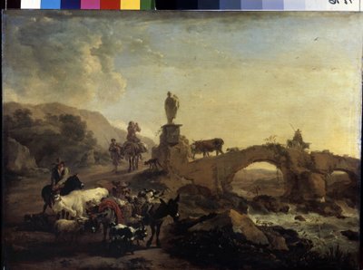"Włoski pejzaż z małym mostem" Obraz Nicolaes (Claes) Pietersz Berchem Starszy (1620-1683) 1656 Wymiary 44,5x61 cm Ermitaż, Sankt Petersburg autorstwa Nicolaes Pietersz. Berchem