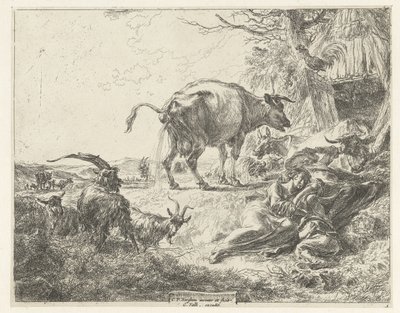 Śpiąca rodzina pasterska i odpoczywające zwierzęta gospodarskie autorstwa Nicolaes Pietersz Berchem