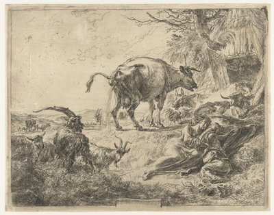 Śpiąca rodzina pasterska i odpoczywające zwierzęta gospodarskie autorstwa Nicolaes Pietersz Berchem