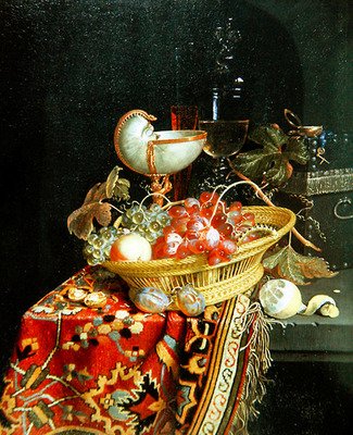 Martwa natura owoców w koszu i filiżance Nautilus autorstwa Nicolaes Van Gelder