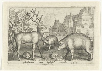 Jeleń, jeż, owca, żaba i świnia Animalivm qvadrvpedvm (tytuł serii) Zwierzęta w krajobrazach (tytuł serii) autorstwa Nicolaes de Bruyn