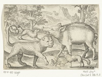 Lampart, dzik i psy Animalivm qvadrvpedvm (tytuł serii) Zwierzęta w krajobrazach (tytuł serii) autorstwa Nicolaes de Bruyn