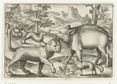 Lampart, dzik i dwa psy Animalivm qvadrvpedvm (tytuł serii) Zwierzęta w krajobrazach (tytuł serii) autorstwa Nicolaes de Bruyn
