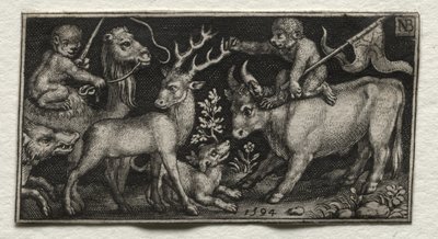 Małpy na wielbłądzie i byku autorstwa Nicolaes de Bruyn