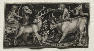 Małpy na wielbłądzie i byku, 1594. autorstwa Nicolaes de Bruyn