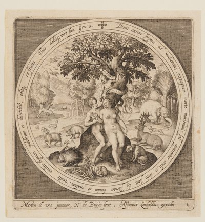 Kuszenie Ewy, od stworzenia do wygnania z raju autorstwa Nicolaes de Bruyn