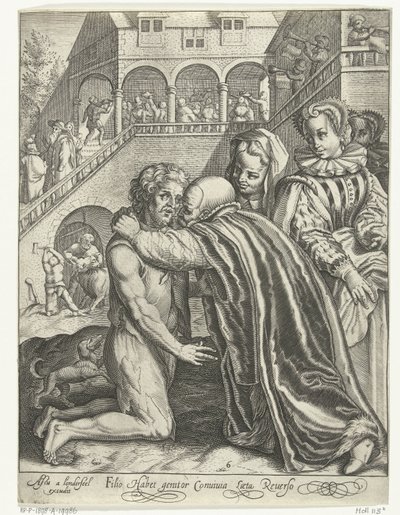 Powrót syna marnotrawnego Filio habet conuiuia laeta Reuerso (tytuł na obiekcie) Opowieść o synu marnotrawnym (tytuł serii) autorstwa Nicolaes de Bruyn