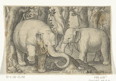 Dwa słonie Animalivm qvadrvpedvm (tytuł serii) Zwierzęta w krajobrazach (tytuł serii) autorstwa Nicolaes de Bruyn