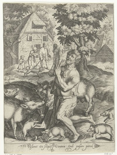 Syn marnotrawny jako świniopas Pasceret vt siliquis venttrem wypełnia pascere porcos (tytuł na obiekcie) Opowieść o synu marnotrawnym (tytuł serii) autorstwa Nicolaes de Bruyn