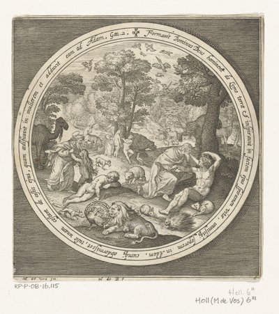 Szósty dzień stworzenia: Bóg stwarza zwierzęta oraz Adama i Ewę Od stworzenia do wygnania z raju (tytuł serii) autorstwa Nicolaes de Bruyn