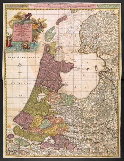 Mapa Holandii z osadami, bagnami, lasami, wzgórzami, drogami, rzekami i innymi cechami geograficznymi, ok. 1710 (kolorowa rycina) autorstwa Nicolaes the Elder Visscher