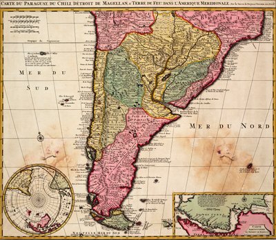 Mapa Paragwaju, Chile, Cieśniny Magellana i Ziemi Ognistej w Ameryce Południowej, ok. 1720 r. (kolorowa rycina) autorstwa Nicolaes the Younger Visscher