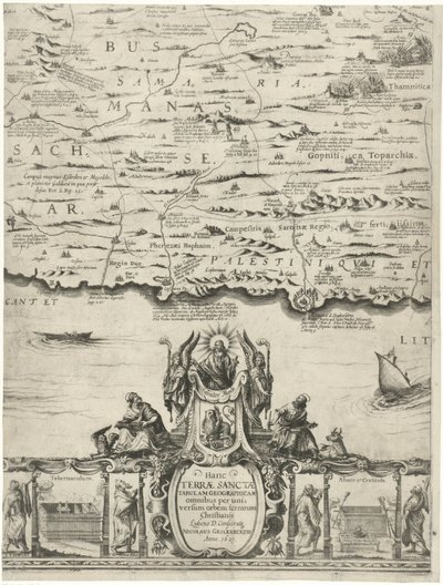 Kaart van Palestine Nowatorski opis Ziemi Świętej lub Ziemi Obiecanej (tytuł na obiekcie) autorstwa Nicolaes van Geelkercken