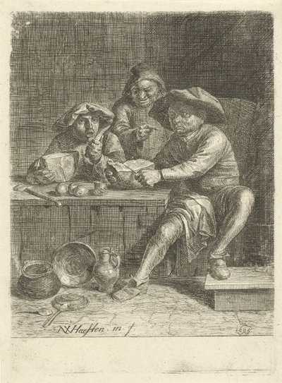 Rolnicy przy stole z chlebem autorstwa Nicolaes van Haeften