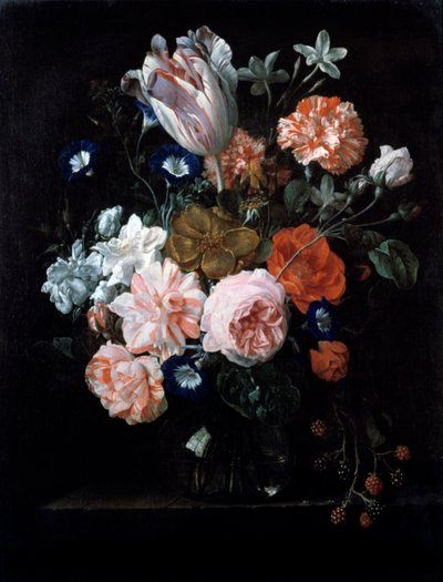 Tulipan, goździki i poranna chwała w szklanym wazonie, XVII wiek. autorstwa Nicolaes van Veerendael