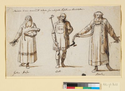 Studia kostiumowe. Prawdopodobnie do teatru. Trzy postacie, kapłan Herty, kropelka i bard autorstwa Nicolai Abildgaard