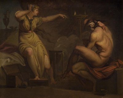 Fotis widzi, jak jej kochanek Lucjusz przemienia się w dupę. Motyw ze Złotego Osła Apelejusza autorstwa Nicolai Abildgaard
