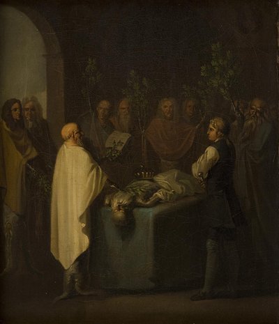Niels Klim uczestniczy w wydaniu wyroku na zmarłego księcia Potuan. autorstwa Nicolai Abildgaard