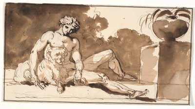 Siedzący nagi mężczyzna z kluczem w dłoni, pudelkiem i c.h. agawa autorstwa Nicolai Abildgaard