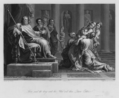 Estera przed Aswerusem, Estera V, 3 (rycina) autorstwa Nicolas (after) Poussin