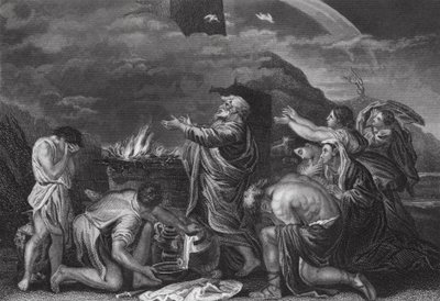 Ofiara Noego, Księga Rodzaju, rozdz. 8, w. 20 (rycina) autorstwa Nicolas (after) Poussin
