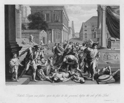 Upadek Dagona, I Samuel V, 4 (rycina) autorstwa Nicolas (after) Poussin