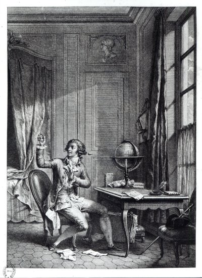 Św. Preux odbiera portret Julii, ilustracja z „La Nouvelle Heloise” Jean-Jacques Rousseau (1712-78) autorstwa Nicolas Andre Monsiau