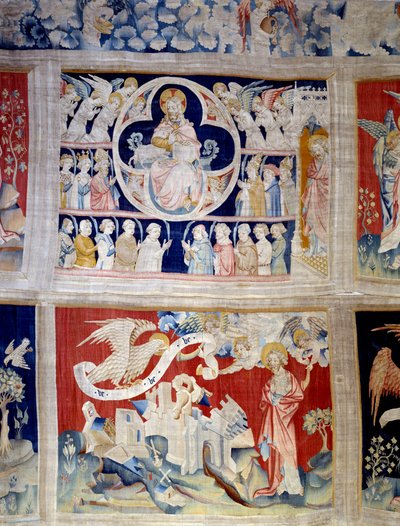Kurtyna Apokalipsy (1373-1383), n. 13: Bóg i Baranek, symbol Chrystusa. Poniżej, n. 20, trzej aniołowie uwalniają moce. Gobelin Nicolasa Bataille