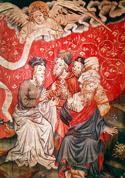 Szczegół anioła przynoszącego ludziom Ewangelię, nr. 49 z Apokalipsy gniewu, 1373-87 autorstwa Nicolas Bataille