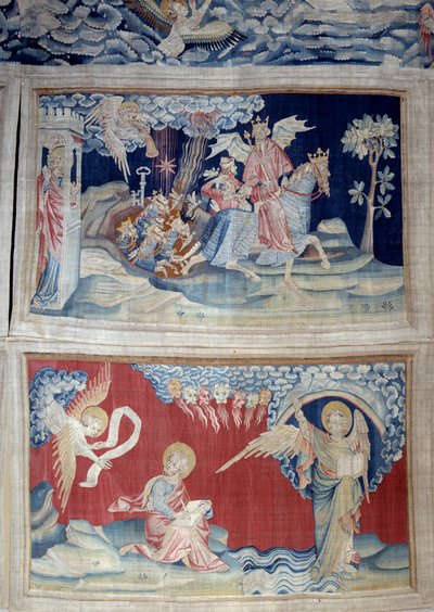 Powieszenie Objawienia (1373-1383), nr. 24: piąta trąbka: klucz uwalnia koniki polne. Poniżej rz. 27, Anioł w księdze ukazuje się św. Janowi, który przepisuje boskie przesłanie na dźwięk siedmiu tonererów. Gobelin autorstwa Nicolasa Bataille