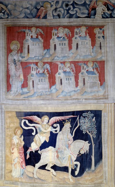 Powieszenie Objawienia (1373-1383), nr. 28: Saint John a Patmos i siedem kościołów Azji i poniżej Pierwsza pieczęć: Zwycięzca na białym koniu. Gobelin autorstwa Nicolasa Bataille