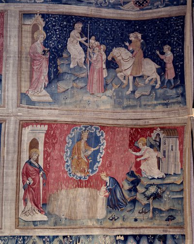 Zawieszenie Objawienia (1373-1383), n. 46: Bete przynosi wszystkim swoją liczbę: 666. Poniżej, n. 53, żniwo wybranych. Gobelin Nicolasa Bataille