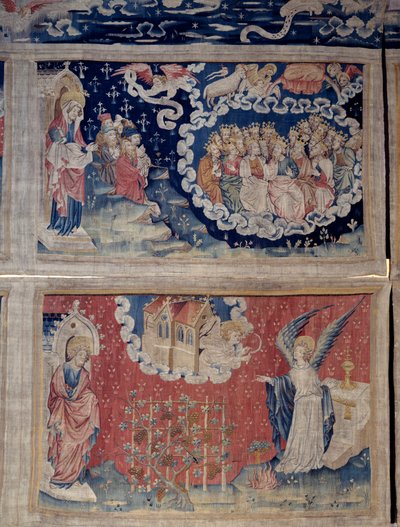 Powieszenie Objawienia (1373-1383), nr. 48: wstęp Baranka, śpiew wybranych. Poniżej rz. 54, Anioł wychodzi ze świątyni z ostrym sierpem, inny anioł każe mu zbierać kiście winnic ziemi. Gobelin autorstwa Nic autorstwa Nicolas Bataille