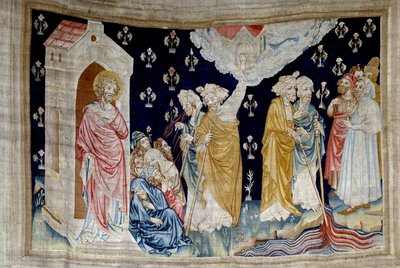 Powieszenie Objawienia (1373-1383), nr. 28: cud. Fidele, słudzy Boga i prorocy, patrzą na rzekę zamienioną w krew. Gobelin autorstwa Nicolasa Bataille